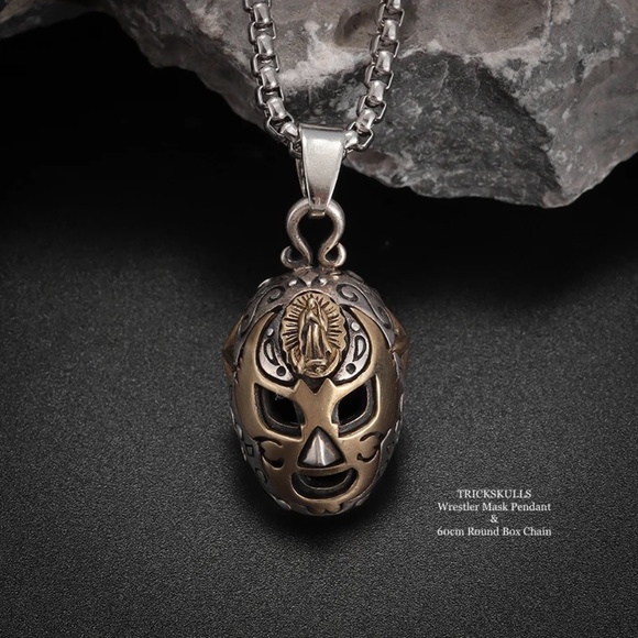 Wrestler Wrestling Mask Silver & Gold Pendant 60cm Stainless Round Box Chain - Picture 7 of 8